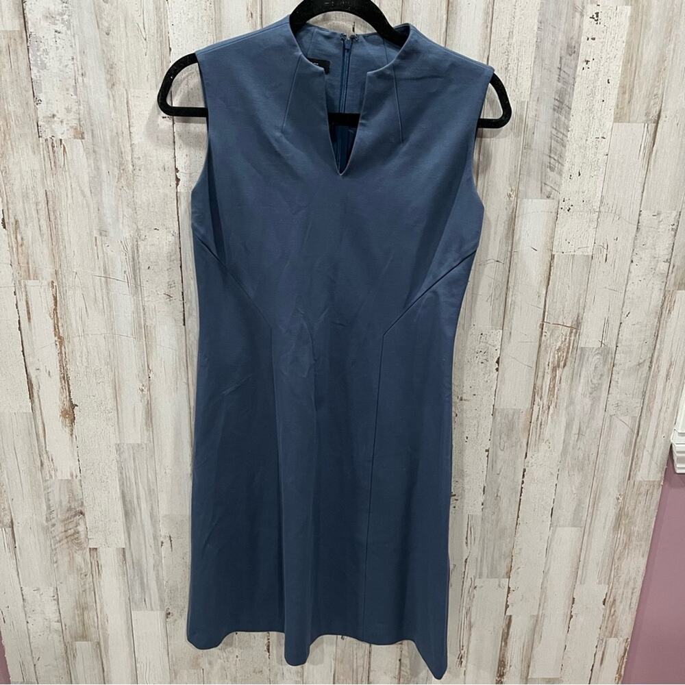Lafayette 148 Blue Split Neck Sheath Career Dress Knee Length
